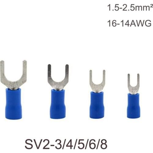 SV2-4 Blue 16~14AWG 100PCS/Pack Furcate Cable Wire Connector Furcate Pre-Insulating Fork Spade Wire Crimp Terminals SV2.5-4 SV