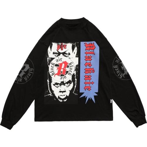 Japanese Portrait Inkjet Letter Print Sweatshirt Men Baggy Casual Pullover Fashion Vintage High Street Cargo Streetwear