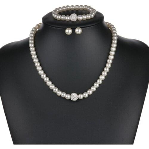 Elegant party Fashion Simulated-Pearl Necklace Bracelet Earrings Women Jewelry Sets Inlay CZ Bride Set Women Wholesale Jewelry