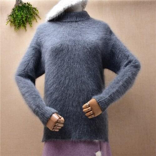 Ladies women fashion grey hairy mink cashmere knitted turtleneck slim blouses pullover angora fur winter jumper sweater pull top
