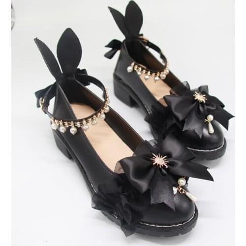 Harajuku Feminine Princess Bowknot Sweet Girls Female Kawaii Tea Party Japanese Cute Anime Lolita Shoes Women Pearl Chunky Heel