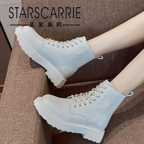 Thick-soled riding boots women 2021 new leather women boots net red fashion mid-tube British style lace-up ankle boots women