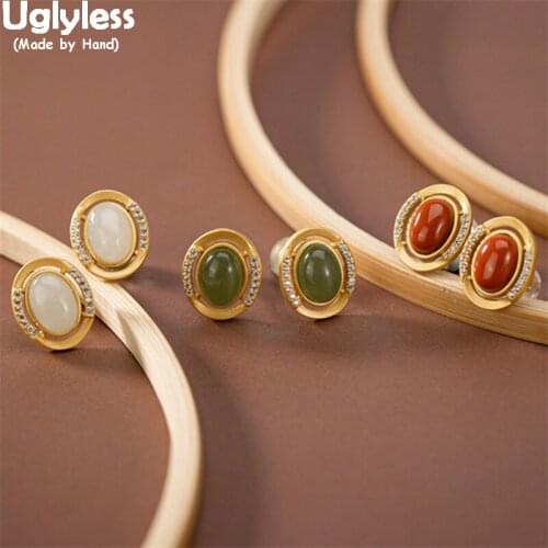 Uglyless Classic Oval Gemstones Earrings for Women Natural Agate Jade MINI Studs Earrings 925 Sterling Silver Zircons Brincos