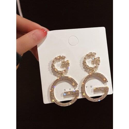 Womens Rhinestone Big GG Letter Pendant Earrings Female Party Nightclub Statement Pendant Fashion