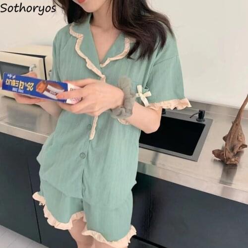 Women Patchwork Pajama Sets Sweet Girls Loose Cozy Fresh Candy Color Shorts Sleepwear Casual Short Sleeve Tops Female Lounge Hot
