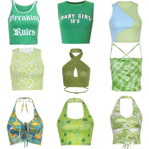 Y2K Aesthetic Halter Top Summer Green Backless Bandage Cropped Tank Women Sexy V Neck Sleeveless Camisole 90s Vintage Mini Vest
