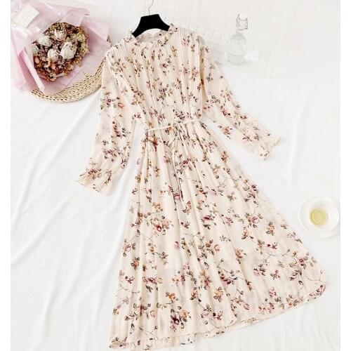 Womens Chiffon Dress Female Vintage Floral Printed Long Sleeve Mid-Calf Dresses Spring and Autumn Flare Sleeve women