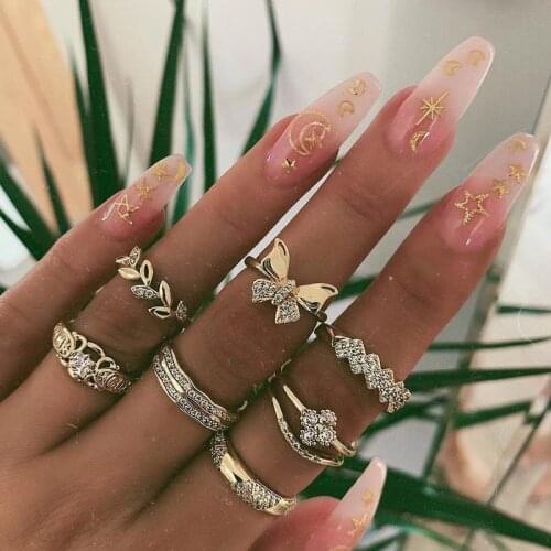 Boho Vintage Crown Water Drop Star Ring Set Women Geometric Crystal Flower Plane Fashion Charm Finger Joint Ring Fashion Jewelry