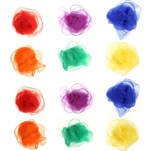 12pcs Hemmed Square Scarf Juggling Cloths Gymnastic Towels Dancing Silk Scarves for Kindergarten Dance Group 60*60cm