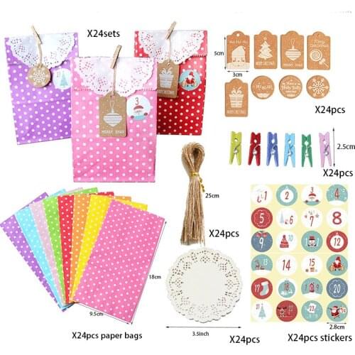 24sets Dot Candy Box Gift Bags With Ropes Hange Tags Stickers DIY Cookie Packaging Boxes Party Favors Merry Christmas Decoration