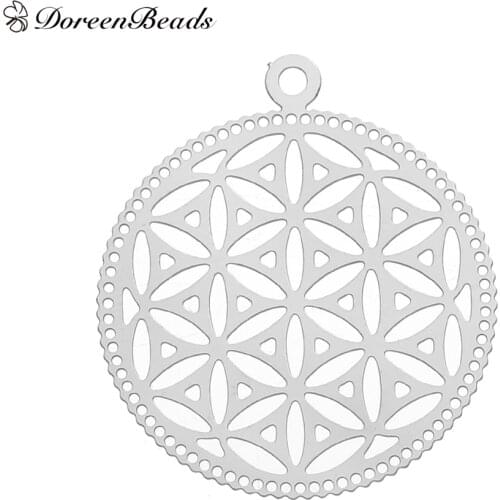DoreenBeads 304 Stainless Steel Flower Of Life Pendants Round dull silver color Hollow 32mm(1 2/8") x 28mm(1 1/8"), 5 PCs