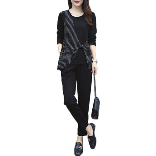 5XL Plus Size Womens Suits 2020 New Spring Autumn Clothing 2 Pcs Sets Black Striped T-shirt Top & Casual Pants Female Sets K289