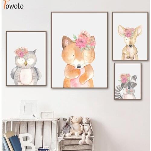 Baby Animals with Flowers Canvas Painting Woodland Nursery Wall Art Floral Wreath Print Watercolor Poster Kids Room Wall Decor
