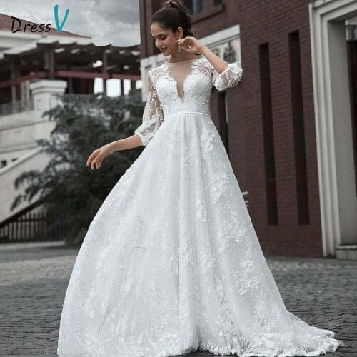 Ivory Elegant Wedding Dress 3/4 Sleeves Appliques A Line Floor Length Button Court Train Lace Outdoor&Church Wedding Dresses