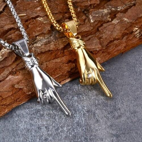 Crystal Stainless Steel Gold Finger Shape Pendant Necklace Hip Hop Link Chain Fashion Necklace Gift Unisex Jewelry Drop Shipping