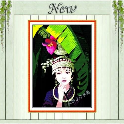Flower beautiful girl painting counted on canvas Cross Stitch Embroidery kits Needlework Set DMC 14CT 11CT black cloth unprinted