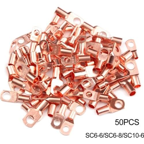 50Pcs Tinned Copper Lugs Ring Terminals Bolt Hole Bare Cable Electric Crimp Wire Connectors Kit SC6-6/SC6-8/SC10-6