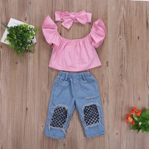 3Pcs Toddler Kids Girls Clothing Set Fake Net socks Denim Pants Jeans + Off Shoulder Tops Clothes Outfits Set