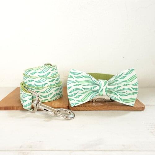 Green Leaf Personalized ID Engraving name dog collar and leash set for big and small dog cotton fabric collar metal buckle