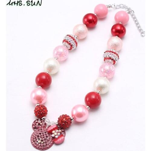 MHS.SUN Baby Girls Pink Red Chunky Beads Necklace Cute Cartoon Pendant Kids Child Beaded Chunky Bubble Gum Necklace For Gift New