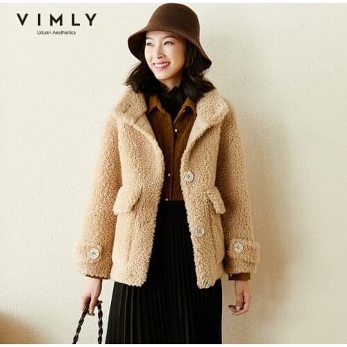 Vimly Winter Womens Thick Coat Fashion Winter Stand Collar Single Breasted Pockets Loose Outerwear Female Teddy Coats F5620