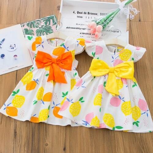 FOCUSNORM 1-5Y Summer Lovely Dress 4 Style Ruffles Sleeve Rainbow/Lemon Printed Back Bowknot A-Line Dress