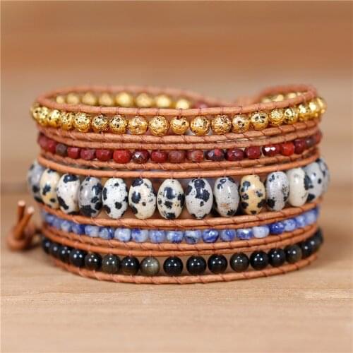 Unisex Boho Dalmatian Jasper Woven 5 Rows Gemstones Beads Leather Wrap Bracelet For Women Men Jewelry Wholesale Dropshipping