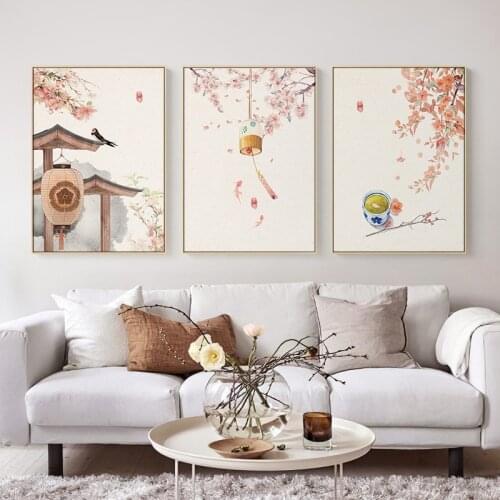 Japanese Style Landscape Posters Flowers Trees and Chimes Canvas Painting Prints Wall Art Pictures for Living Room Home Decor