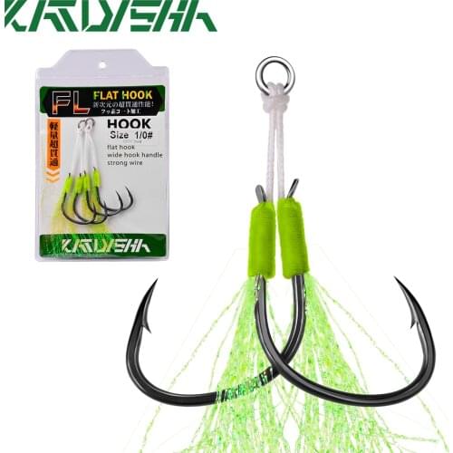 KATYUSHA 1Pack Metal Jig Double Hooks 1/0 2/0 3/0 4/0 Slow Jigging High Carbon Steel Fishing Hooks with PE Line Feather Fishhook