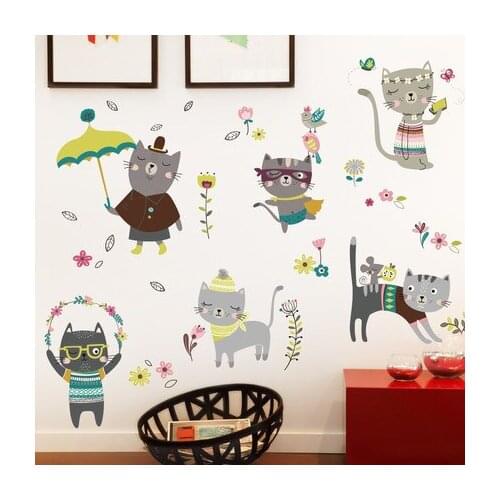 Wall Sticker Literary And Art Lovely Kitten Kids Room Decoration Bedroom Decor Wallpaper Gallery Cartoon Wall Painting Stickers