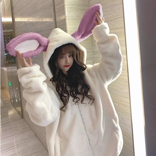 Harajuku Oversized Hoodie Women Zipper Lovely Rabbit Ears Women Sweetshirts Hooded Plush Thickened Hoodie 2021 Худи Оверсайз