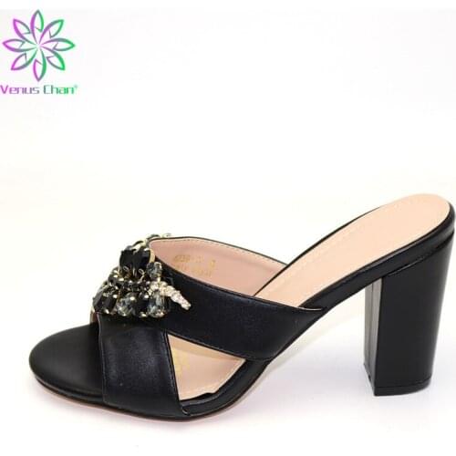 Black Color Italian Lady Sexy High Heels Pumps Decorated with Rhinestones Italian Design African Sandals Shoes for Wedding Party