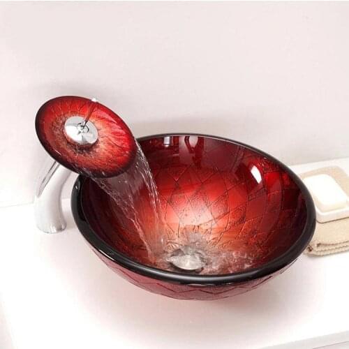 Bathroom Artistic Glass Vessel Vanity Sink red color Matching Waterfall Faucet