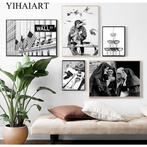 Vintage Photography Canvas Poster Funny Money Ape Monkey Wall Decor Print Art Painting Black White Retro Smoking Woman Picture