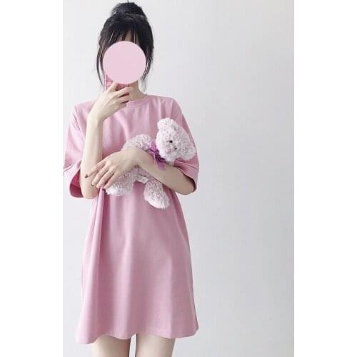 Purple Pink Tshirt Women Summer 2020 Round Neck Loose Short Sleeve Long T-shirt Grunge Korean Style Love Embroidery Tops