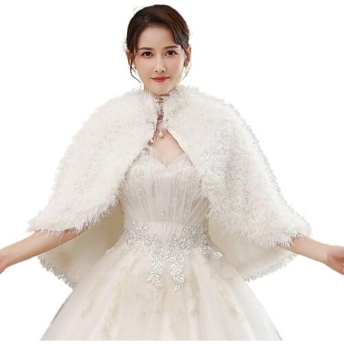 Women Winter Wedding Fluffy Plush Shrug Shawl Wrap Imitation Pearl Beading Jewelry Thicken Warm Bridal Stole Scarf Cape