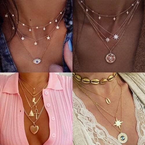 Punk Ladies Geometric Necklace Set With Zircon Fashion Yellow Gold Color Metal Necklace Unique Style Party Necklaces For Women