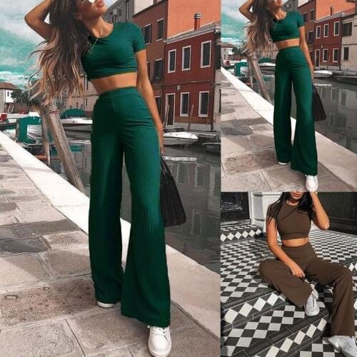 Women knitted long sleeve o-neck crop top wide leg pants 2 piece set for female women tops pants two pieces sets womens suits