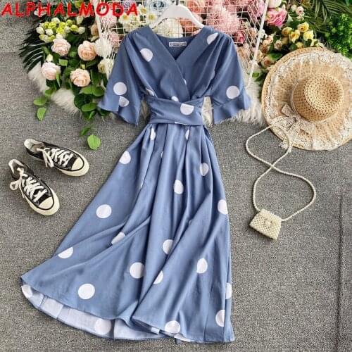 ALPHALMODA V-neck High Waist Chiffon Dress Women Summer 2020 New Style Polka Dot Big Flounce Vintage Short-sleeved Dress