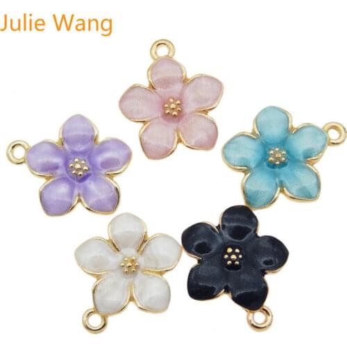 Julie Wang 10PCS Enamel Colorful Flowers Charms 5 Colors Gold Tone Bracelet Necklace Alloy Pendant Jewelry Making Accessory