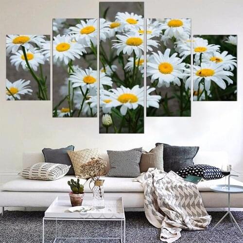 5 Pieces Wall Art Canvas Painting White Daisy Flowers Poster Decoration Pictures Modern Living Room Wall Painting For Home