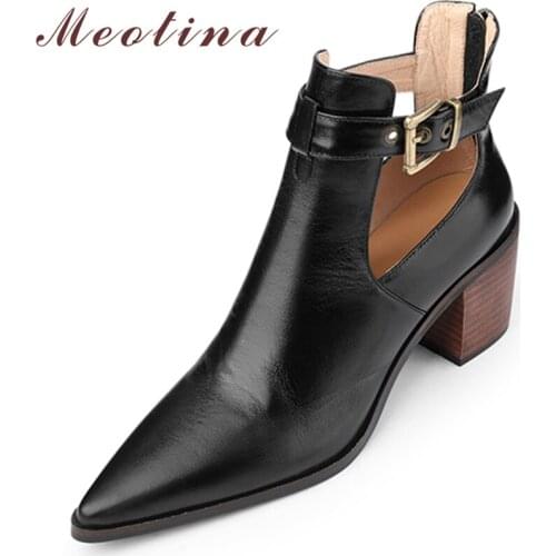 Meotina Women Genuine Leather Ankle Boots Thick High Heel Pointed Toe Boots Buckle Cut Out Zipper Ladies Boots Autumn Winter 40