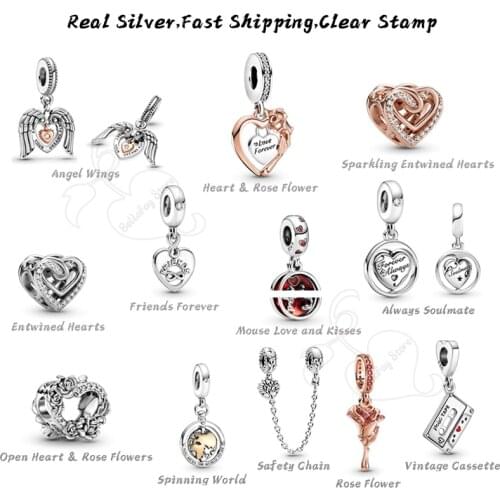 925 Silver Sterling Beads Angel Wings Dangles Openwork Hearts Charms Fits Pdora Bracelets Bangles Necklaces