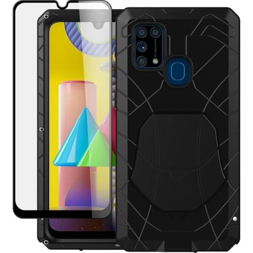Case For Samsung Galaxy M31 with Tempered Glass Heavy Duty Hard Metal Aluminum Screen Protector Cover Phone Cases Accessories
