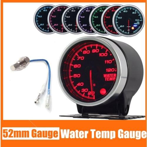 52MM Water Temp Gauge With 7 Color Backlight Sensor 20-120 Celsius Smoke Lens Water Temperature Meter Stepper Motor 12V
