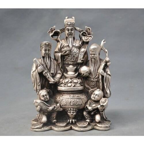 Decoration bronze factory outlets Tibet Silver 7" China Silver Bronze Fu Lv Shou 3 Star Mammon Boy Fish Statue