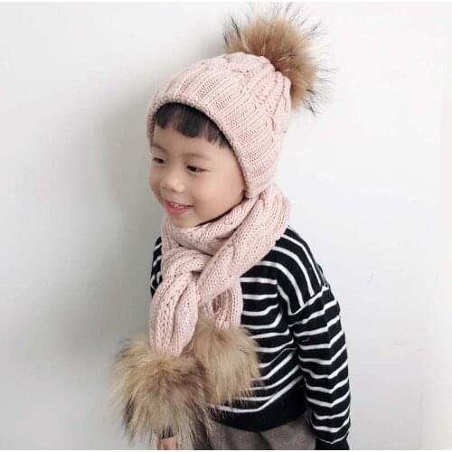 Kids Winter Hat Scarf Set With Pompom Fleece Liner Twist Knitted Beanie Cap Real Fur Pompom Hat and Scarf Set For Children