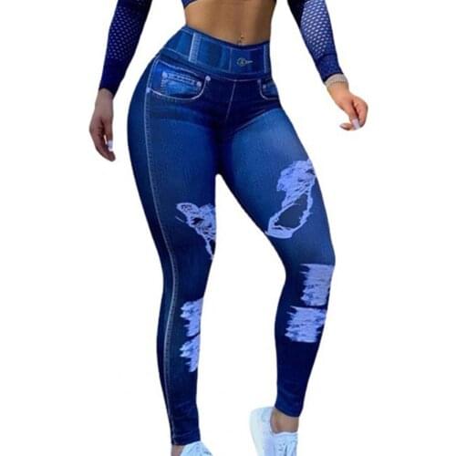 Stretchy Fitness Yoga Pants Women Sexy High Waist Distressed Imitation Jeans Butt Lifting Workout Sport Pant pantalones de mujer