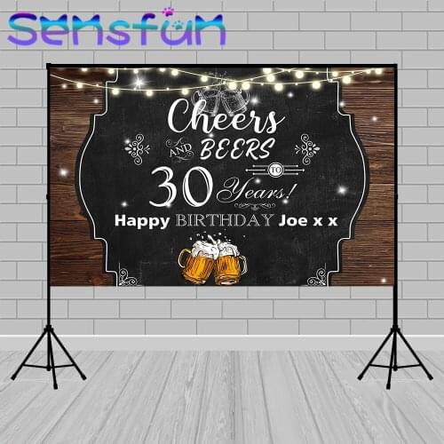 Wood Photo Background Vinyl Cheers Beers 30th Birthday Party Decor Backdrop Photo Booth Shoot Bokeh Lights