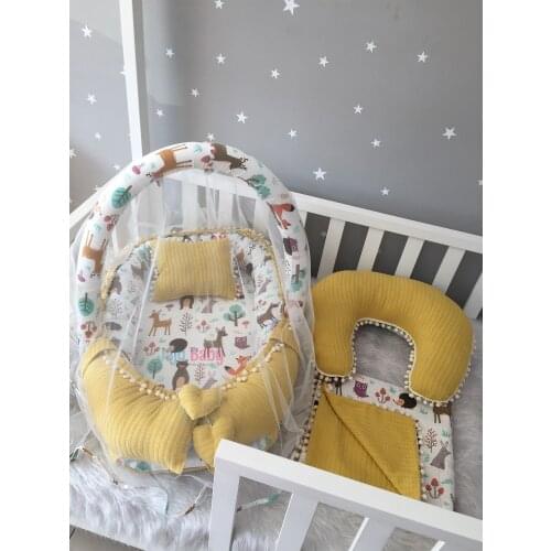 Jaju Baby Handmade, Yellow Knit Pique Fabric and Forest Muslin Fabric 6 Piece Babynest Set with Pompom